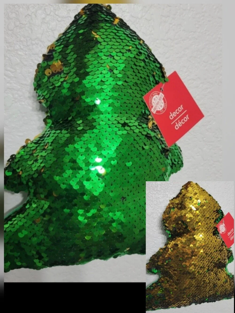 Sparkly Christmas Tree Flip Sequins Pillow, reversible green & gold  NEW